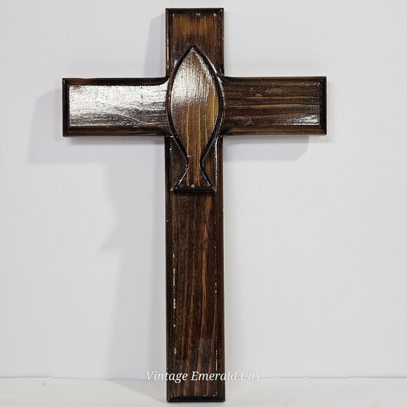Vtg Hand-Carved 12" Wooden Cross Brown Rustic Decor Easter Jesús Religious Fish - Picture 8 of 11